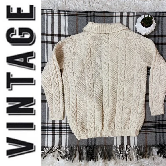 Hand knit Fishermen cable knit cream button-down cardigan chunky sweater - Picture 2 of 16